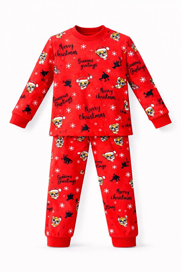 CQCQ Kırmızı Renkli Baskılı Unisex Pijama Takımı %100 Pamuk