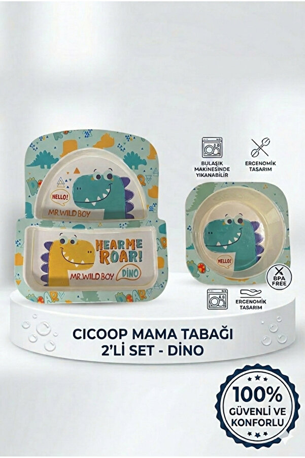 Jusso Cicoop Bebek Mama Tabağı 2'li Set Dino