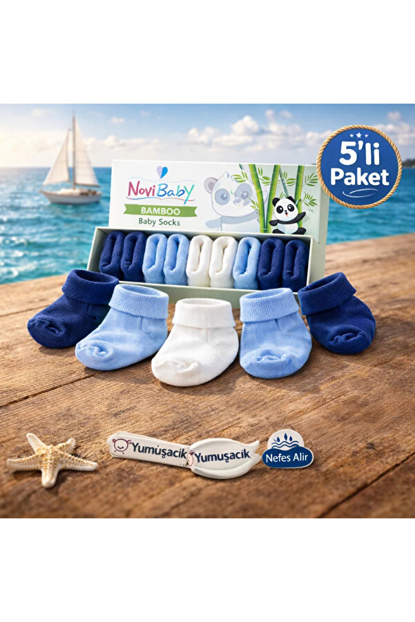 Novibaby 5'li Bambu Yenidoğan Bebek Çorap I Mix Blue I Kız Erkek Bebek Çorabı