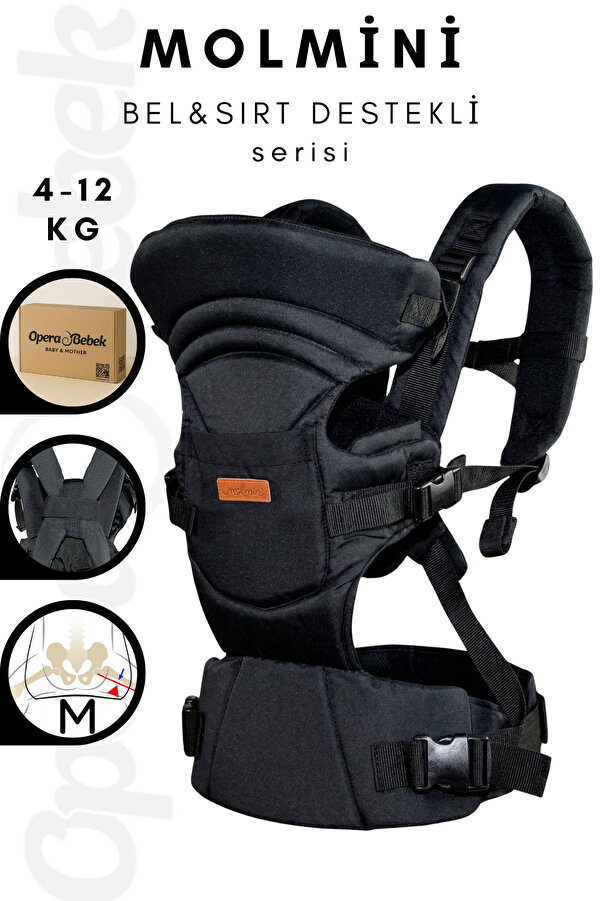 Molmini Plus Bel & Sırt Destekli Ergonomik Kanguru 4-12 KG Çok Yönlü Ayarlanabilir Siyah