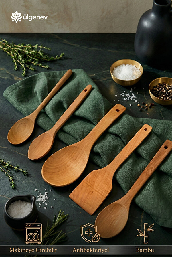 Ülgenev 5'li Bambu Tahta Kaşık Seti Pilav,Sos, Ölçü ve Mama Kaşığı, Spatula Ahşap Mutfak Seti, Çeyizlik
