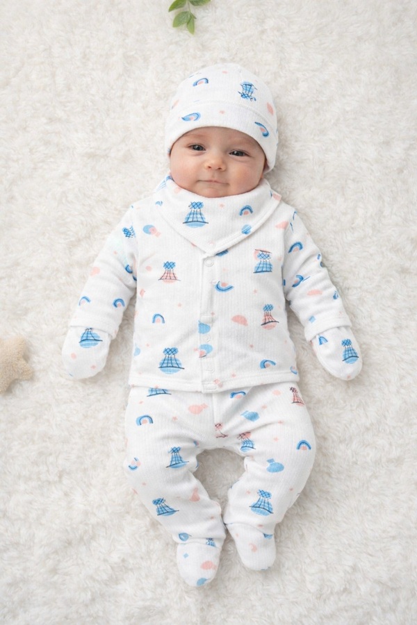 ENİA BABY Yenidoğan Bebek Desenli 5 Parça Hastane Çıkış Seti Kız Bebek Erkek Bebek Yenidoğan