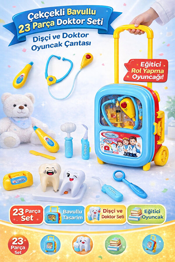 YILDIRIM OYUNCAK Sesli Işıklı Valizli Doktor Seti - Dişçi Kartela Seti Toplam 23 Parça 2'li Set