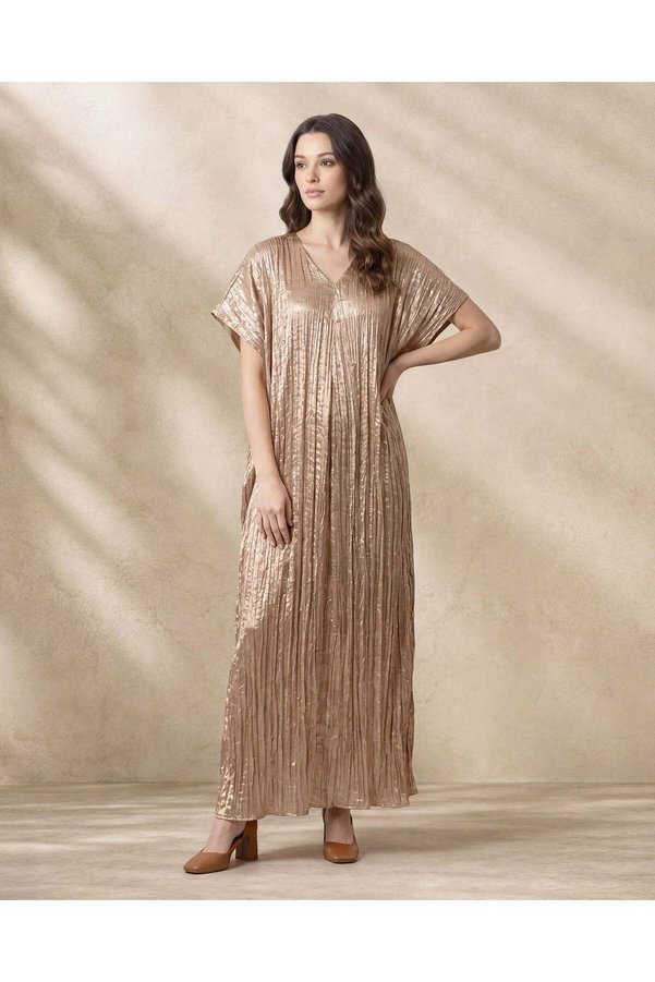 REDTAG Women Gold Beige Short Sleeve Maxi Dress