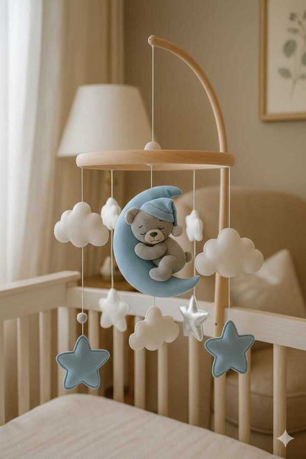 keçedekorr Bebek beşik dönencesi mavi yıldız beyaz bulut ay üstünde uyuyan gri ayıcık figürlü Bebek süsü