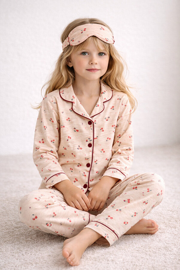 Beka Kids Desenli Uzun Kollu Önden Düğmeli Gömlek Yaka Kız Çocuk Pijama Takımı
