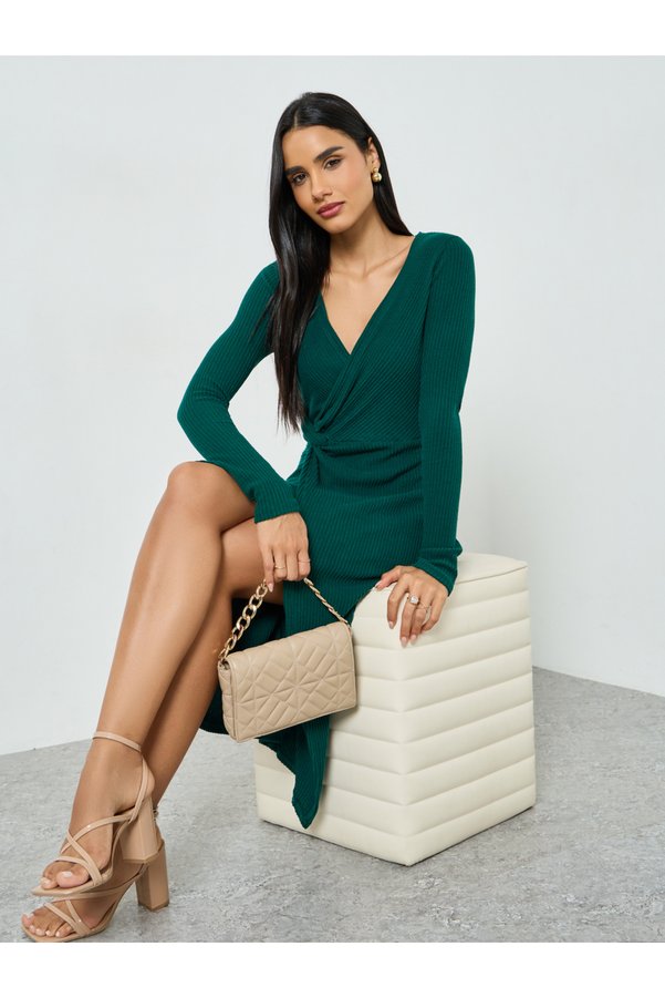 Take Two By Styli Women's Solid Texture Wrap Twist Front V Neck Long Sleeve Midi Dress