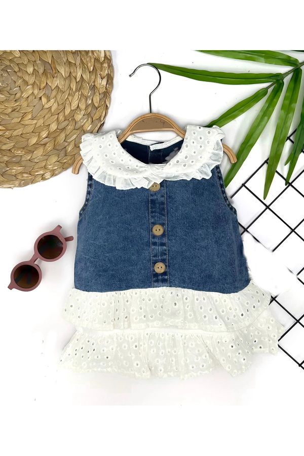 Leylek Baby 6-9-12-18 Ay Güpür Yaka Ve Etek Detaylı Kot Kilotlu Etek Kız Bebek Elbisesi Mavi