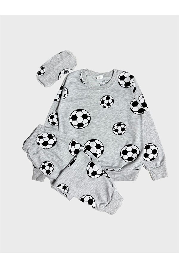 ALİŞ KİDS Erkek Çocuk Pamuklu Gri Futbol Topu Desenli Uzun Kollu Göz Bantlı Mevsimlik Pijama Takımı
