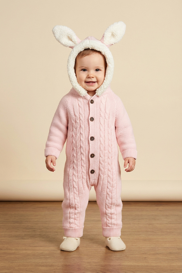 Lui Baby Polarlı Welsoft Kapüşonlu Örgü Desenli Bebek Tulum Kulaklı