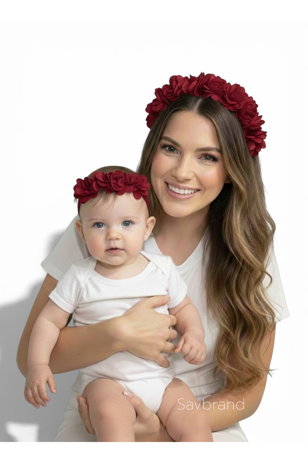 SavBrand Bordo Çiçekli Anne tacı ve Bebek Bandanası