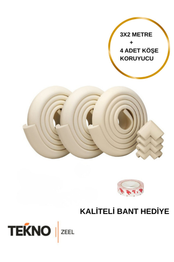 teknozeel Kauçuk Krem 6 Metre Kenar ve 4 Adet Köşe Koruyucu-Bebek Çocuk Masa Koruma Seti