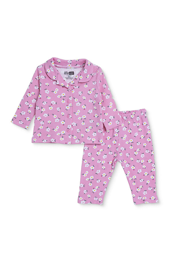 ebebek Hello Baby HelloBaby Kız Bebek Pijama Takımı Çiçek Baskılı Düğmeli Gömlek Yaka Uzun Kol Reçme