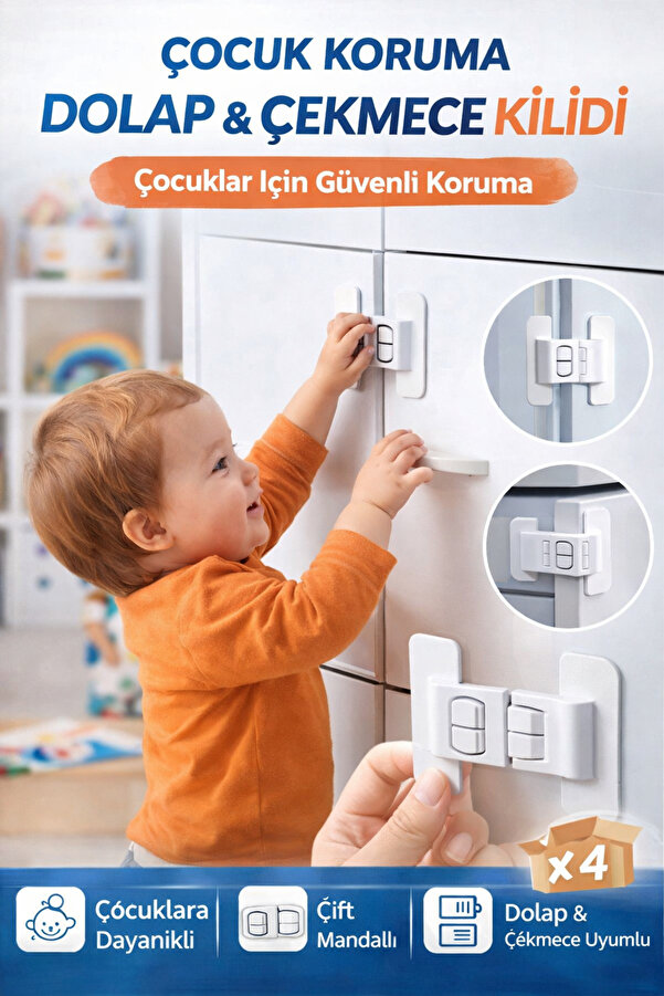 Doori Çocuk Güvenlik Dolap ve Çekmece Kilidi 4 Adet – Mandallı Bebek Koruma Kilidi