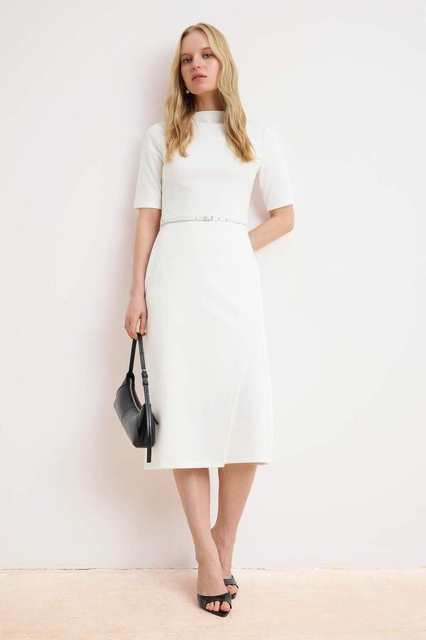 Trendyol Collection Ecru Plain Belted Midi Knit Dress TWOAW26EL00145