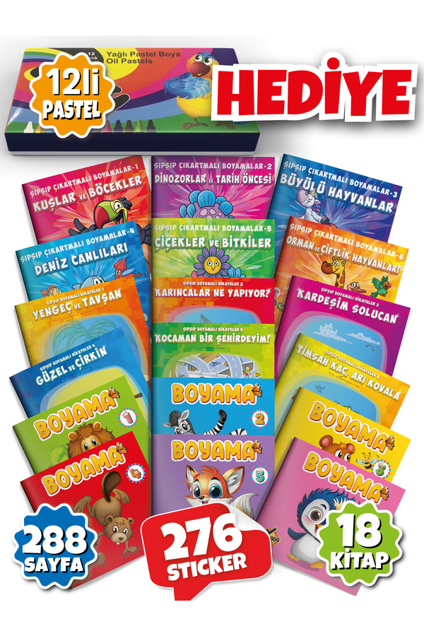 Gong 3-6 Yaş Dev Çocuk Boyama Ve Yapıştırmalı (STİCKER'LI) 18'lı Kitap Seti