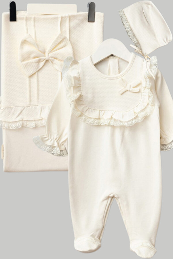 Naka Concept %100 Pamuk 3 Parça Dantelli Kız Bebek Hastane Çıkış Seti – Fiyonklu Krem