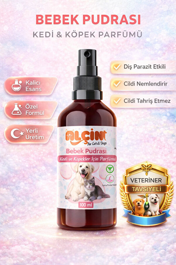 ALÇİN Kedi Ve Köpek Parfümü Parazit Karşıtı Içerikli Bebek Pudrası Kokulu 100 Ml. Cam Şişe