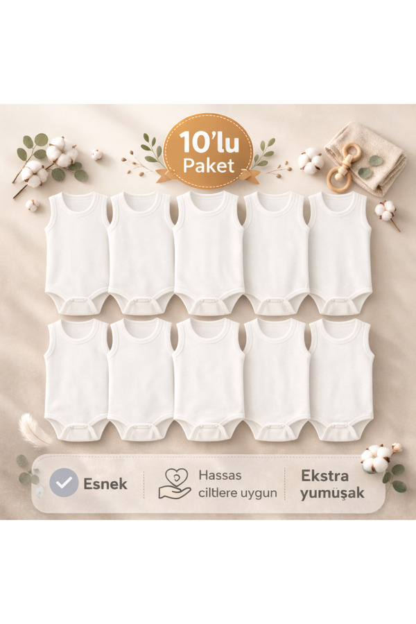 Novibaby 10'lu Bebek Atlet Body Zıbın Çıtçıtlı Beyaz 100% Pamuk Yenidoğan - Beyaz Bebek Body Zıbın