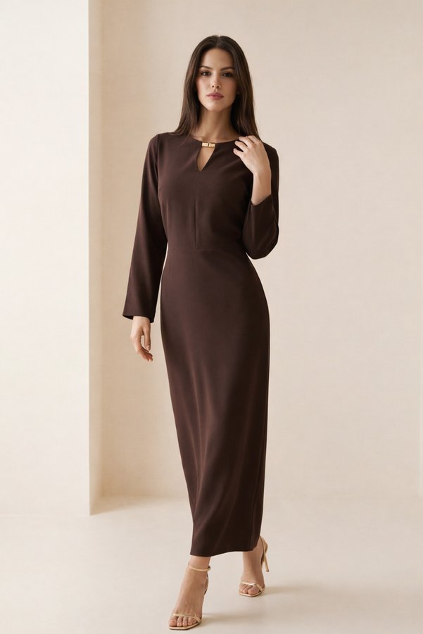 Setre Bitter Brown Long-Sleeved Midi Dress with Accessory Detail at the Neck and Waist
