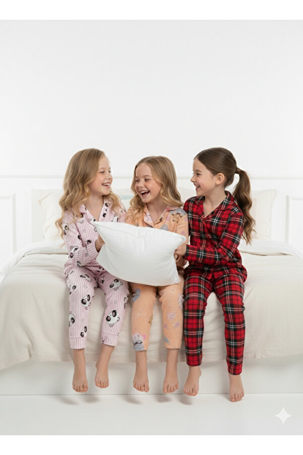 DANBİ Kız Çocuk 4,5,6,7,8,9,10,11 Yaş Mevsimlik Pijama Takımı 3'lü Set