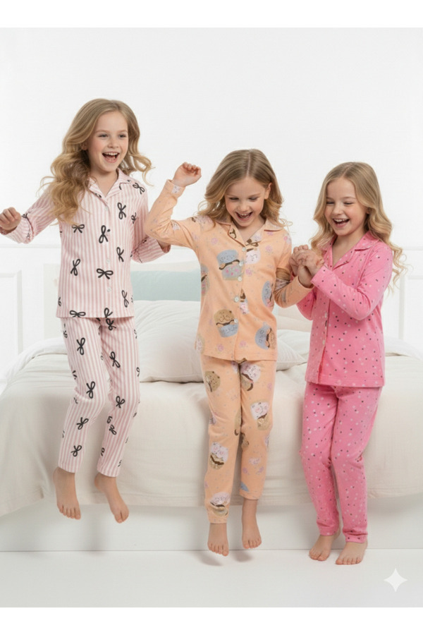 DANBİ Kız Çocuk 4,5,6,7,8,9,10,11 Yaş Mevsimlik Pijama Takımı 3'lü Set