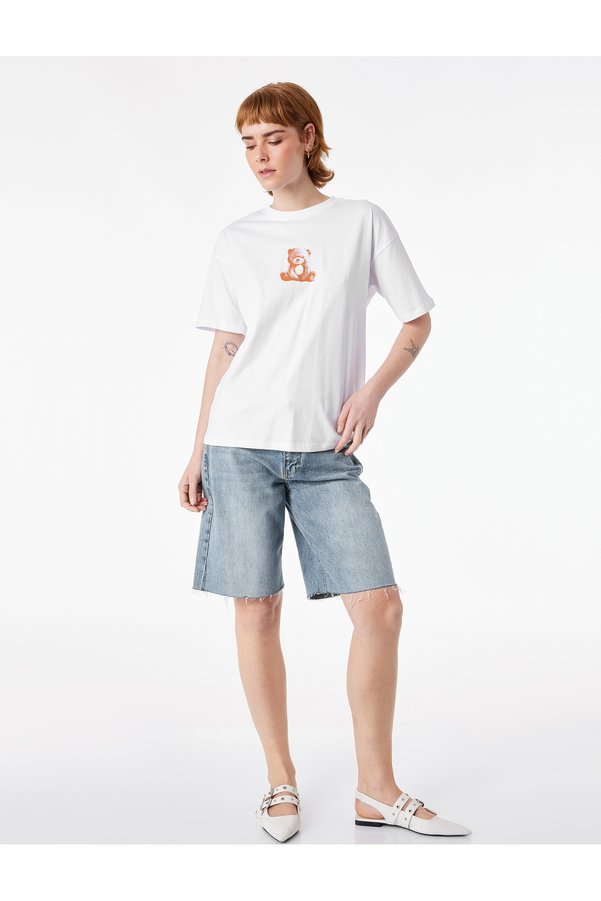 Koton Comfortable Fit Short Sleeve Crew Neck Cotton Teddy Bear T-Shirt with Printed Back