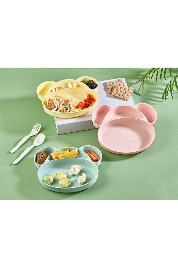 SHOP AND JOY Sevimli Figürlü 4 Bölmeli Bebek Mama Tabağı Seti - Eğitici Kaşık Çatal Takımı BPA İçermez