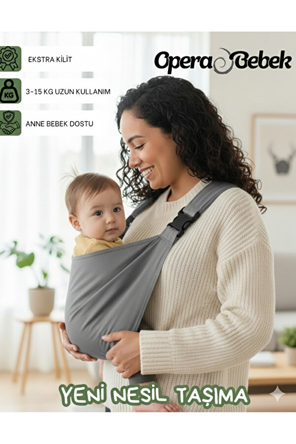 Molmini Lüx Ekstra Güvenli Kilit Sistemli Sling Bebek Taşıyıcı Puset Ana Kucağı Kanguru GRİ