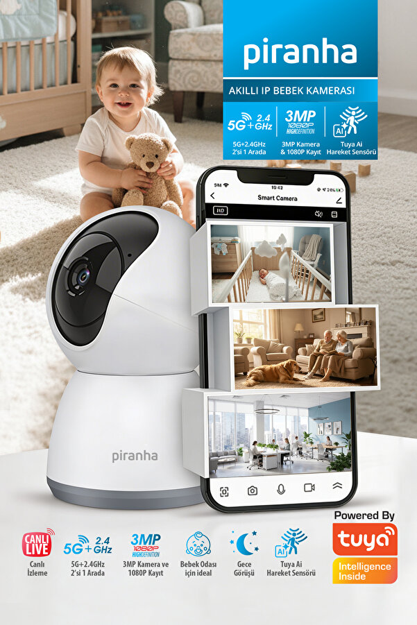 Piranha Ip Bebek Kamerası Gece Görüşlü HD 1080P | Hareket Sensörlü | Bebek Telsizi | Wifi & Tuya Smart