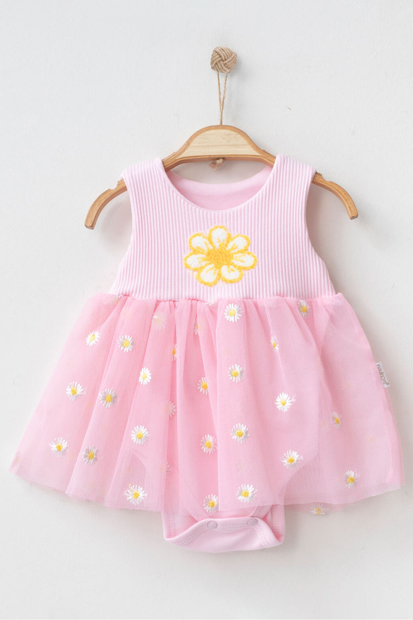 Beniizle Papatya Nakışlı Tüllü Çıtçıtlı Zıbın Elbise (%100 Pamuk)