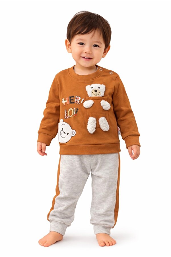 ERAY BEBE Çocuk Ayıcık Detaylı 3D Cep Sweatshirt Takım - Kahverengi / Gri