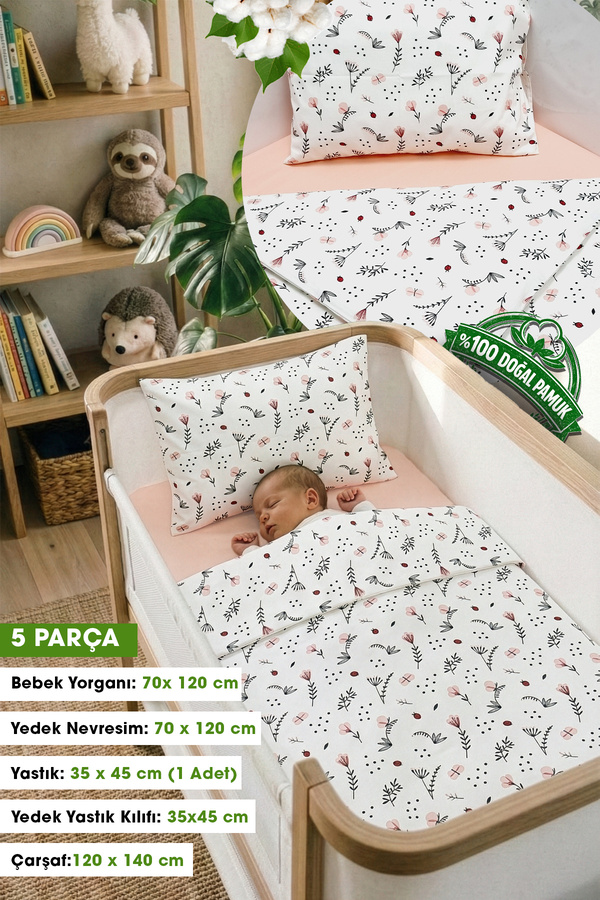 Yada Baby %100 Pamuklu Kumaştan Bebek Park Beşik 5 Parça Yorgan Ve Nevresim Takımı (70 X 120 CM)