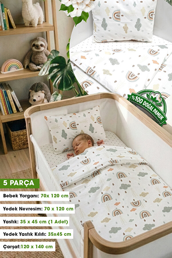 Yada Baby %100 Pamuklu Kumaştan Bebek Park Beşik 5 Parça Yorgan Ve Nevresim Takımı (70 X 120 CM)