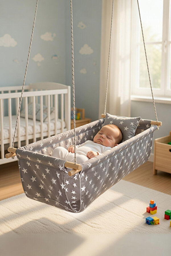 Bundeba Bebek Çocuk Çingene Beşiği GRİ YILDIZLI