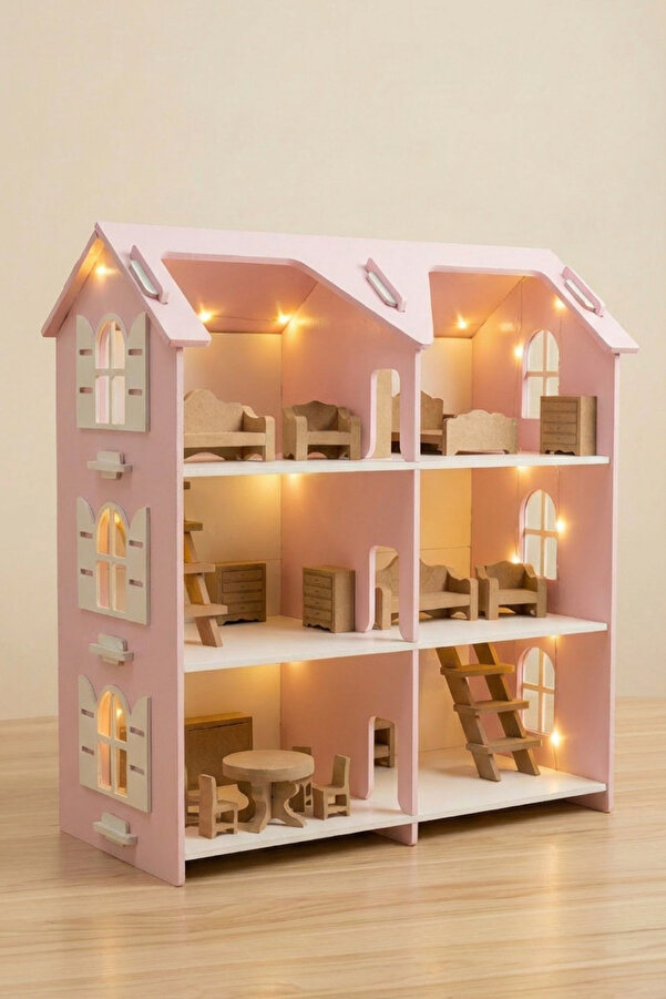 hedefixtoys LED Işıklı Ahşap Oyuncak Ev | 3 Katlı Pembe Montessori Bebek Evi