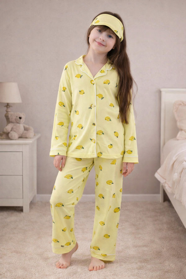 zahider Kız çocuk pamuklu limon desenli uyku bantlı düğmeli gömlek yaka mevsimlik pijama takımı