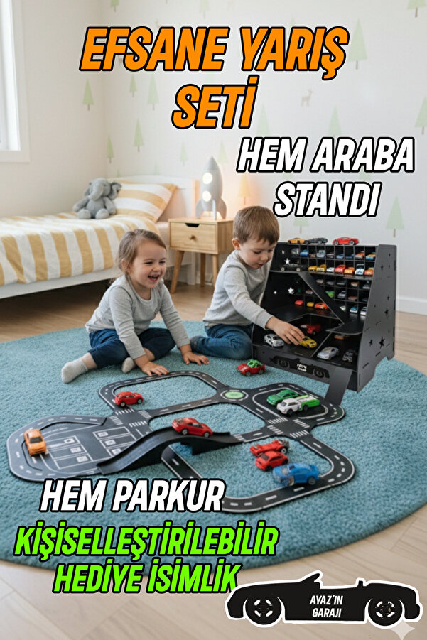 kutuTR Ahşap Oyuncak Araba Garajı ve Yarış Parkuru Seti – Kişiselleştirilebilir İsimlik Hediyeli