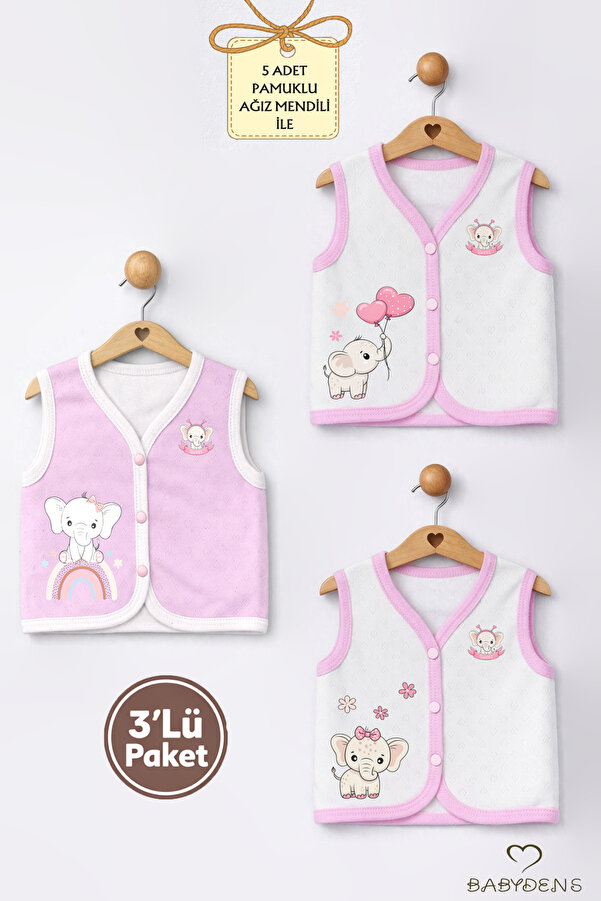 BABYDEN'S Kız Bebek 3’lü Yelek Seti Kalp Jakar Desenli Fil Baskılı Çıtçıtlı Yelek Yenidoğan Mevsimlik Yelek