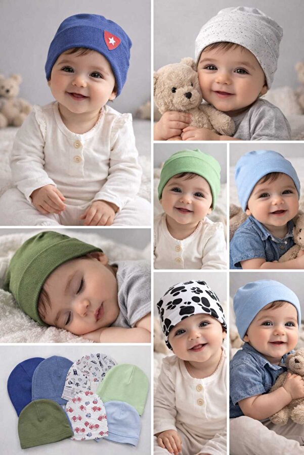 neocotton 5 Adet Süpriz Karma Bebek Çocuk Penye Bere (Paket içeriyi 0-12 ay arası karışık renk ve beden)