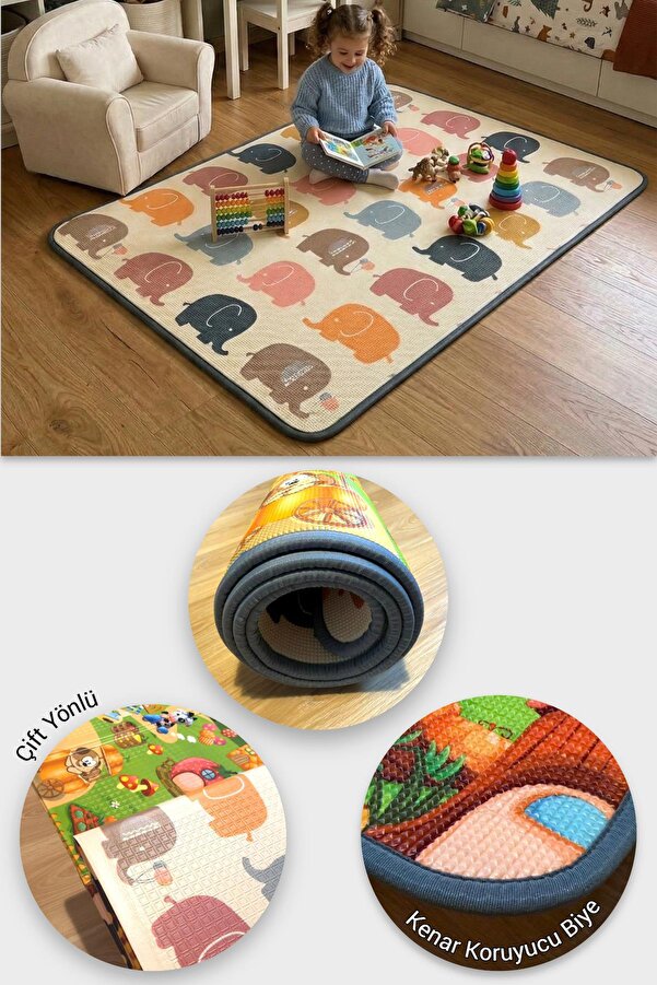Wellgro Oyun Matı, 140x100x1 cm Çift Taraflı Rulo Oyun Halısı