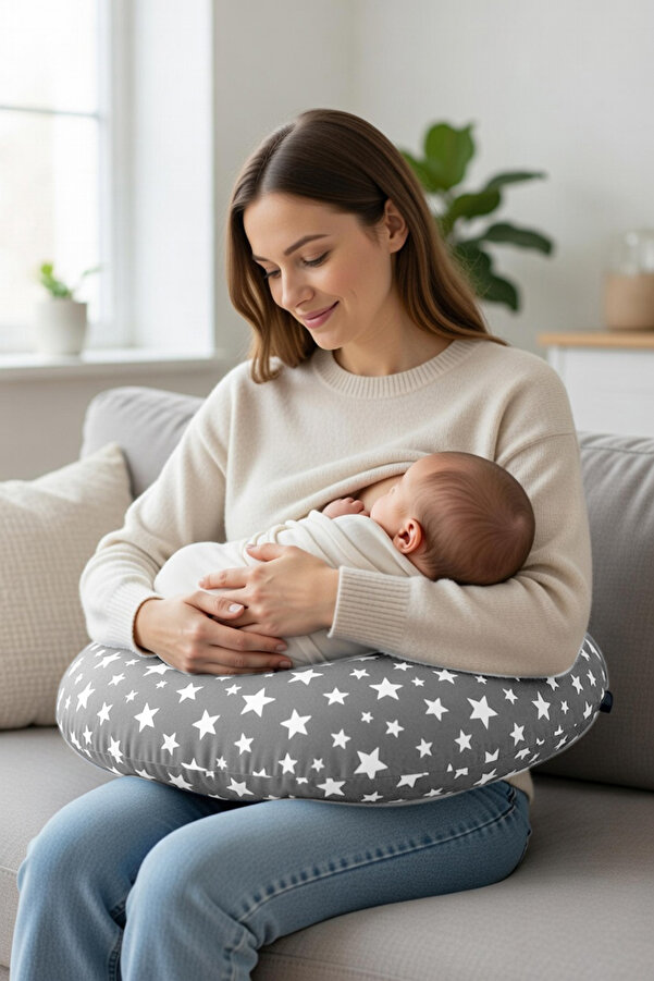 Bundeba Yenidoğan Gri Emzirme Yastığı Bebek Destek Minderi Hamile Anne Bebek Emzirme Yastığı Pamuklu