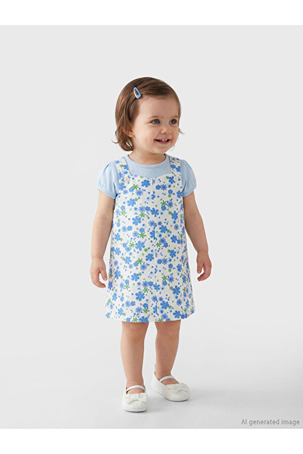 LC Waikiki LCW baby Ekru Bisiklet Yaka Çiçekli Kız Bebek Elbise Ve Tişört