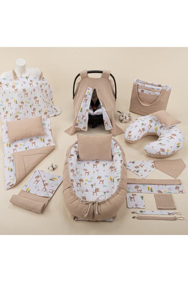 özgürce 15 Parça Bej Müslin Bebek Seti, Puset Örtüsü, Emzirme Önlüğü ve Minder