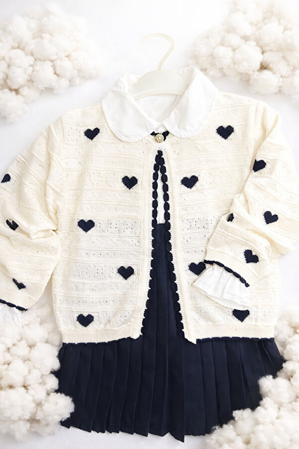 ASLİN STORE 3'lü Kalp Desenli Triko Hırkalı Kız Bebek Takımı-Siyah Pileli Etekli