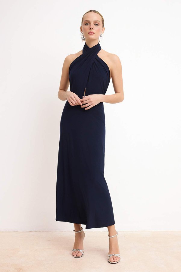 Trendyol Collection Navy Blue Halter Neck Shift/Straight Cut Maxi Knitted Dress Tprss26El00063