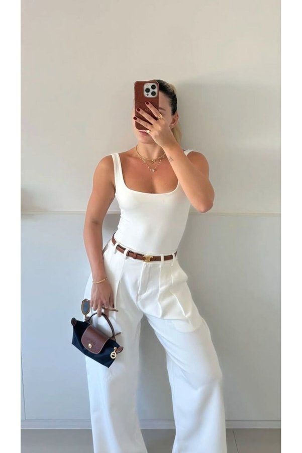 H&A İSTANBUL women's white pocketed pleated high-waist woven palazzo pants