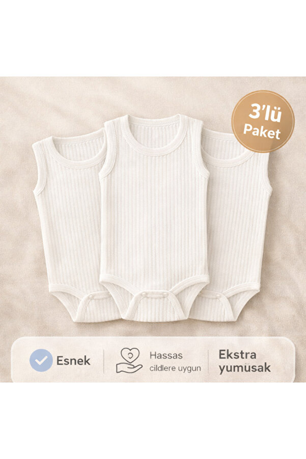 Novibaby 3'lü Ribana Bebek Atlet Body Zıbın Raporlu Çıtçıtlı Beyaz 100% Pamuk - Ribana Bebek Body