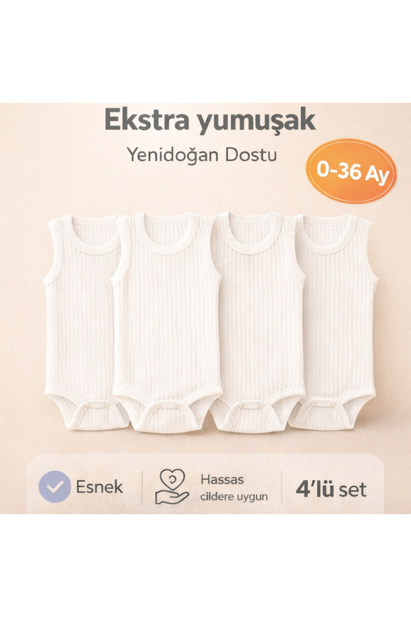 Novibaby 4'lü Bebek Atlet Body Zıbın Raporlu Çıtçıtlı Beyaz 100% Pamuk