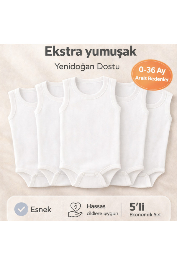 Novibaby 5'li Bebek Atlet Body Zıbın Çıtçıtlı Beyaz 100% Pamuk - Beyaz Bebek Body Zıbın
